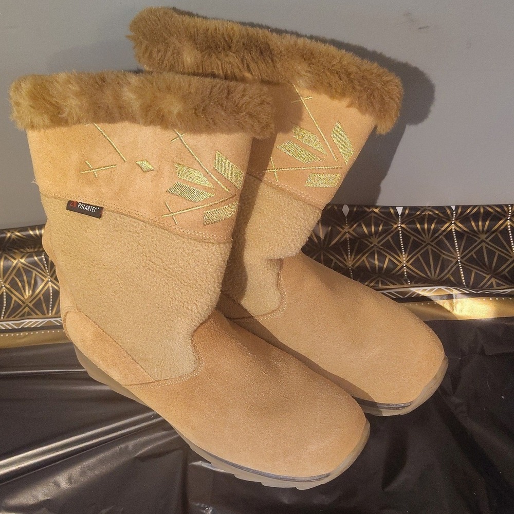 Sporto Polartec Insulated Winter Boots Tan Faux Fur Trim Embroidered W2431 Sz 7M